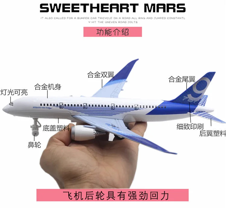 Boeing 787 alloy aircraft model 24cm large aircraft all alloy aircraft model lights children's hobby gifts collectibles